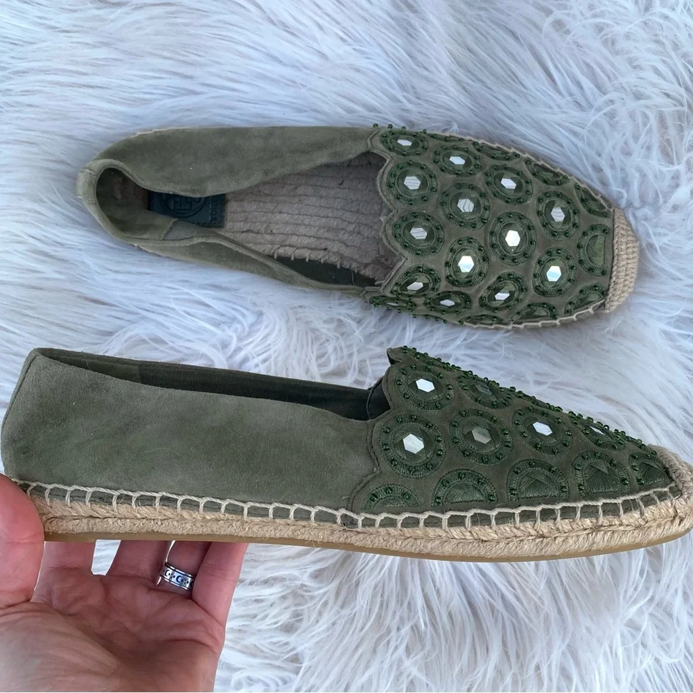 Tory Burch Yasmin Olive Suede Espadrilles Flats 9.5